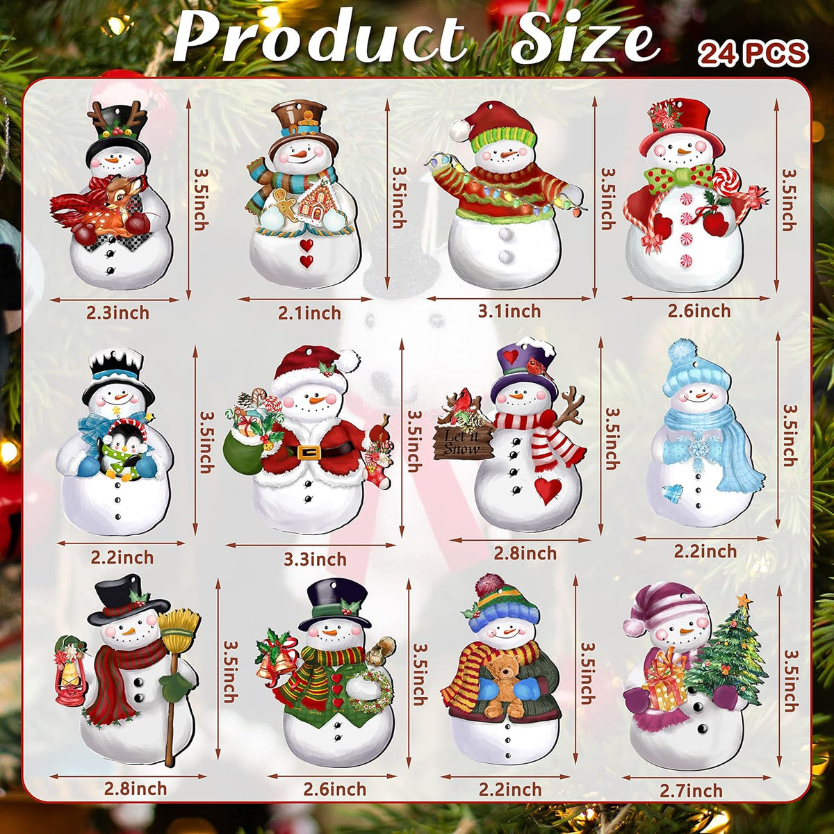 24 Pieces Christmas Snowman Wooden Ornaments Wood Hanging Decoration Set for Christmas Tree Hanging
