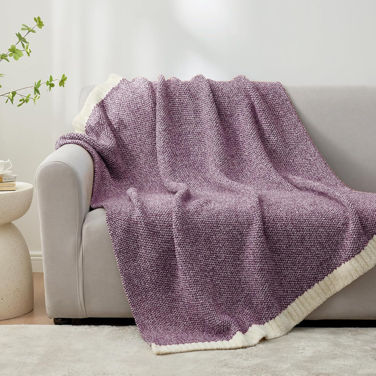 Snuggle Sac Buttery Purple Throw Blanket for Couch, Reversible Super Soft Knitted Blankets, Warm