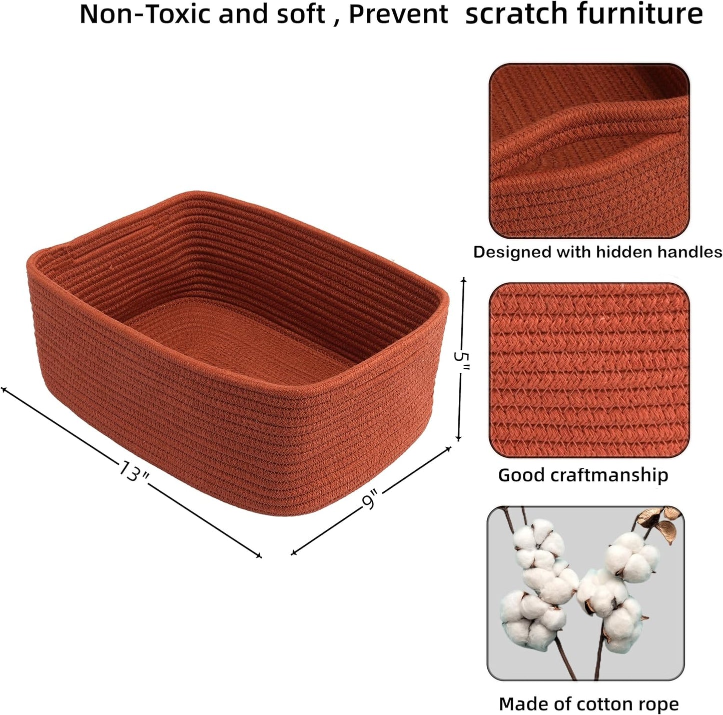 Small Woven Storage Baskets 13“X9”X5“ Decorative Rope Bins for Organizing Shelves, Closets, and