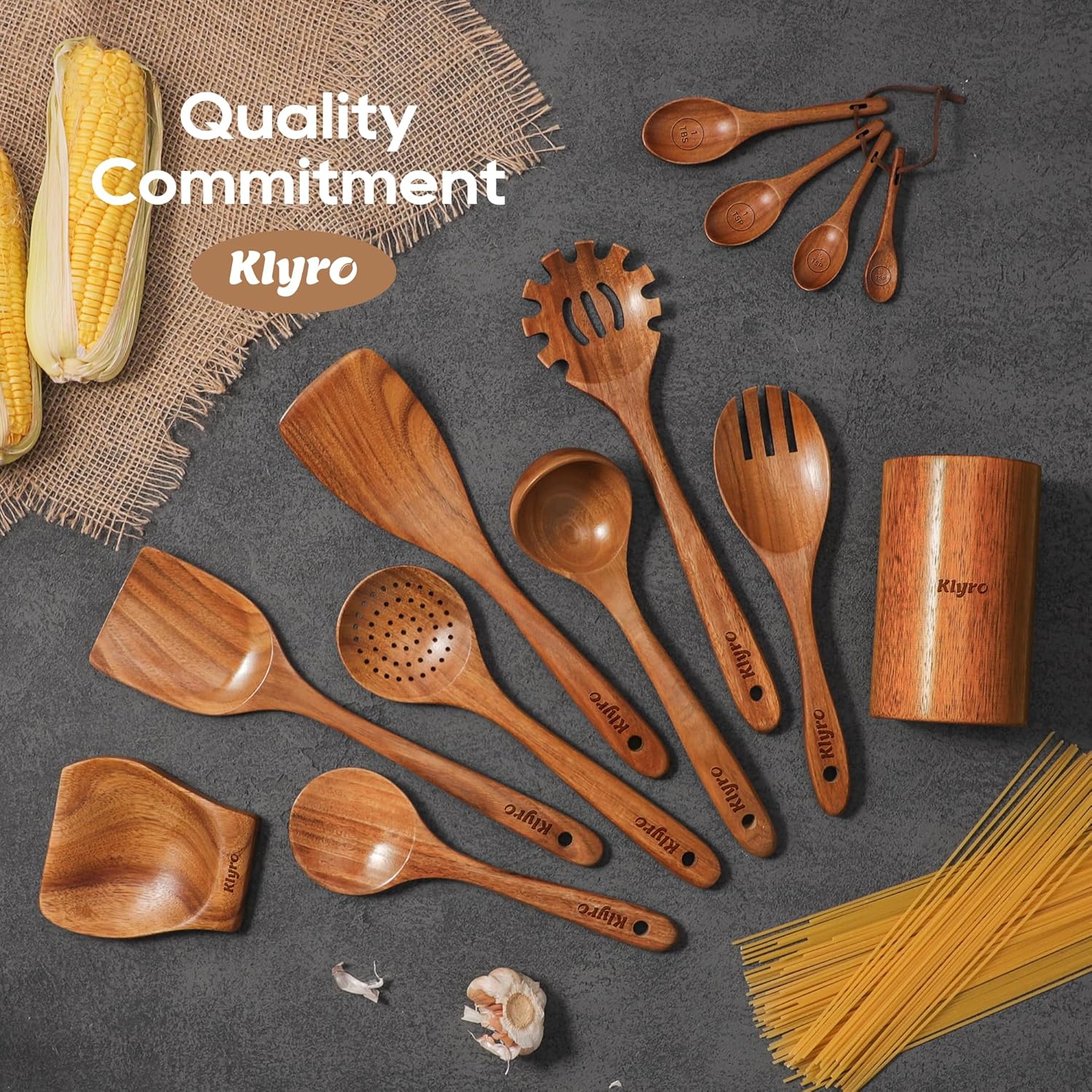 Wooden Spoons for Cooking, Nonstick Kitchen Utensils Set with 4 Piece Measuring Spoons, Comfort