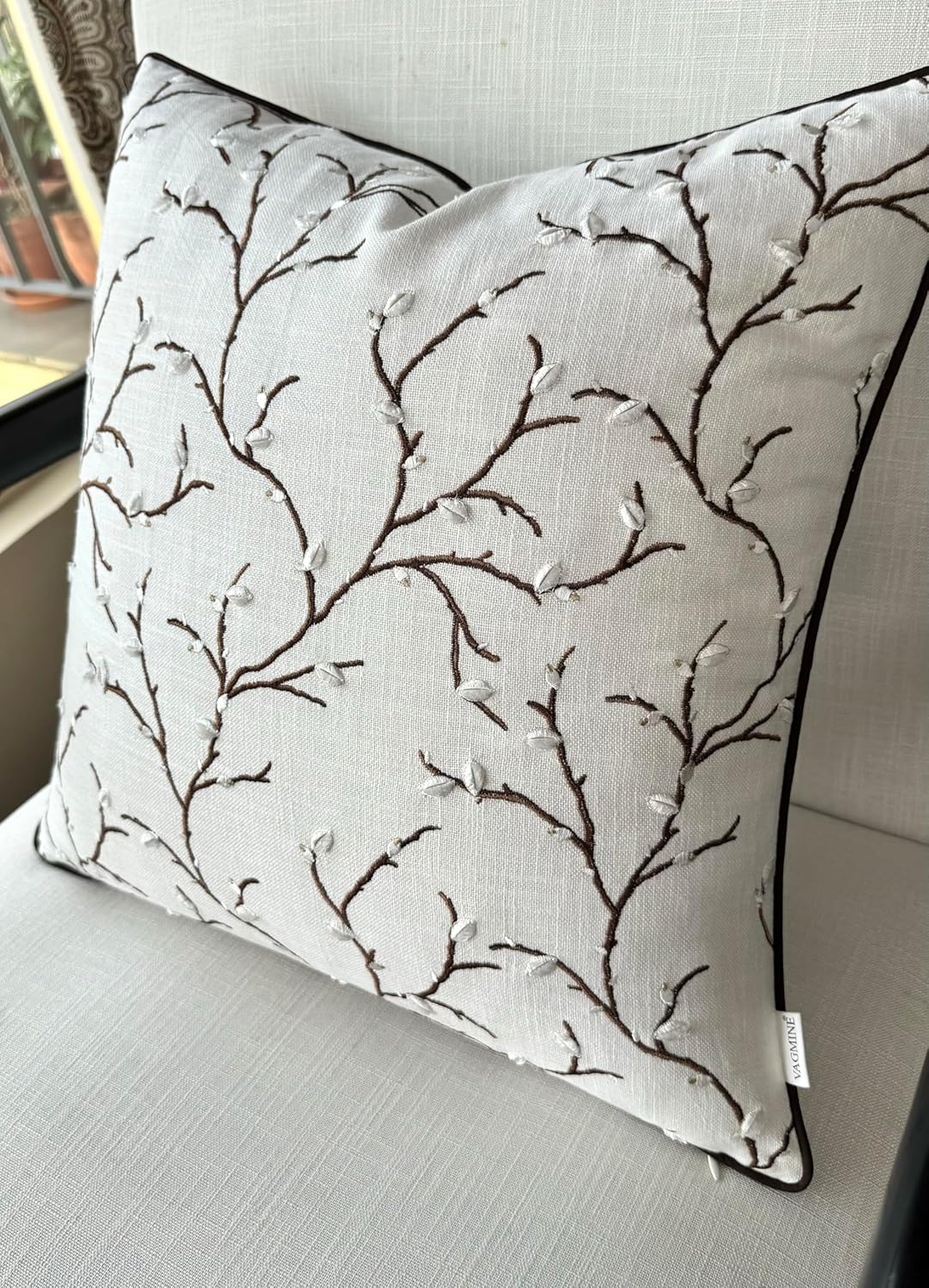 VAGMINE Embroidered Pussy Willow Throw Pillow Cover - 18x18 Inches Square - 100% Cotton Ivory