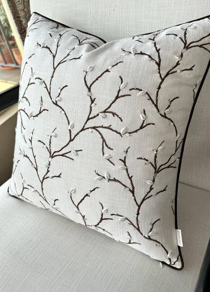 VAGMINE Embroidered Pussy Willow Throw Pillow Cover - 18x18 Inches Square - 100% Cotton Ivory