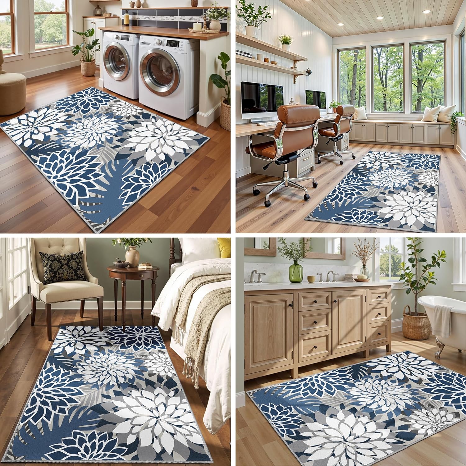 Area Rug 3x5 Blue White Washable Entry Rug Multicolored Tropical Botanical Modern Floral Indoor