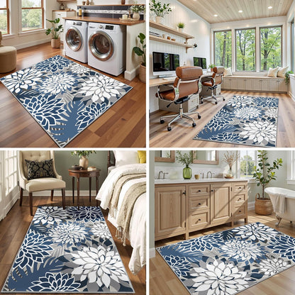 Area Rug 3x5 Blue White Washable Entry Rug Multicolored Tropical Botanical Modern Floral Indoor