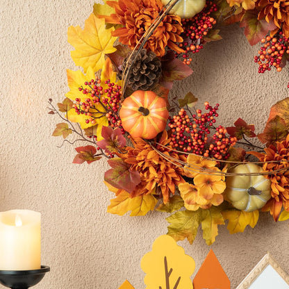 Glitzhome 24 inch Artificial Fall Wreath Decor, Autumn Maple Leaf Wreath for Front Door with Dahlia