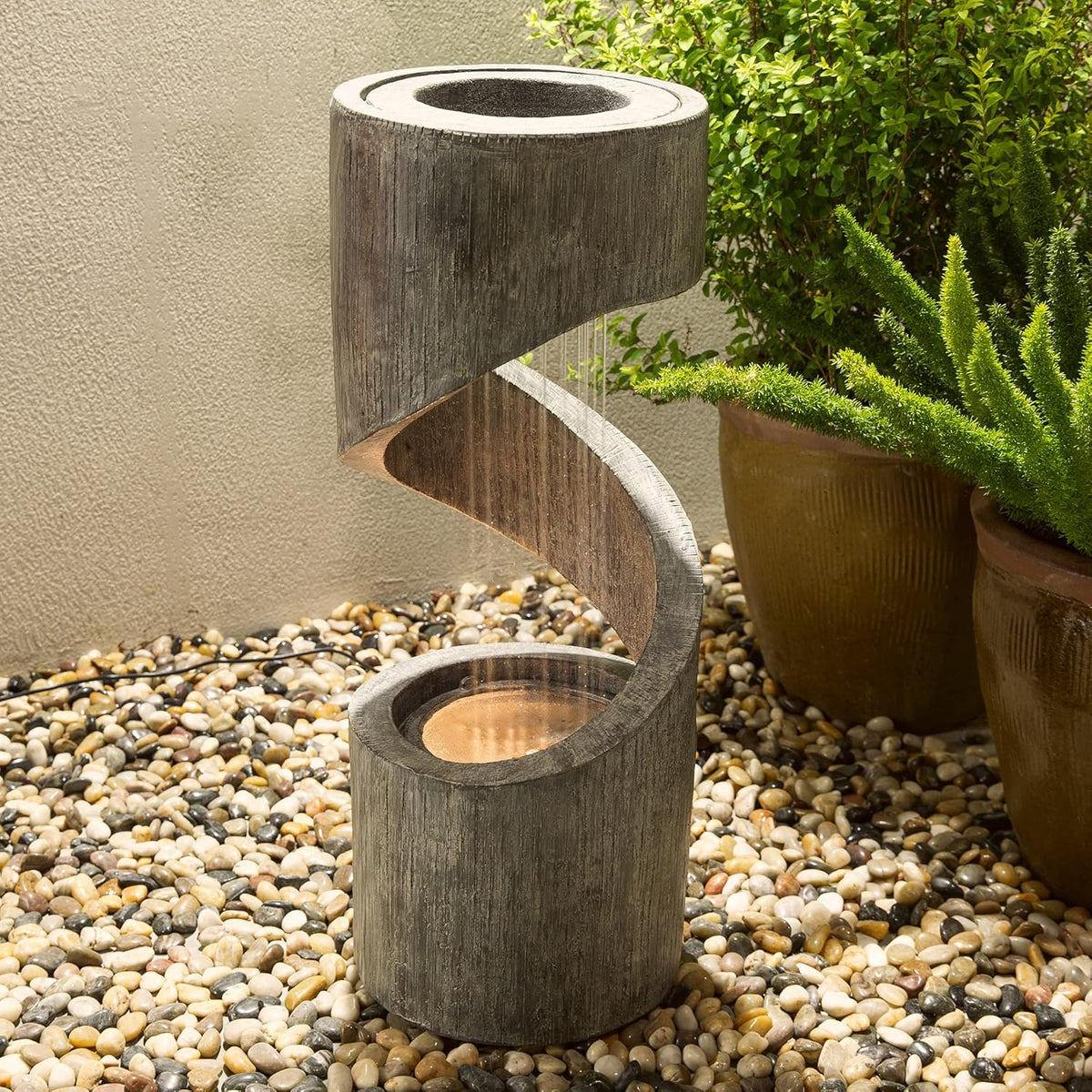 Glitzhome Tiered Outdoor Water Fountain with LED Light, Curved Outdoor Fountain Waterfall with