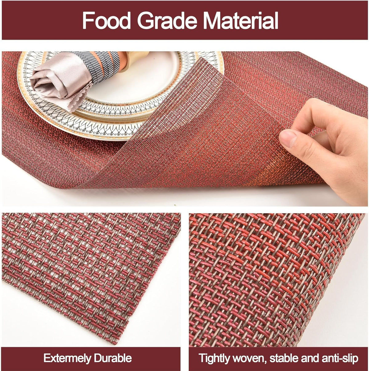 Placemats Set of 6 - Easy Clean Washable Vinyl Placemats - Wipeable Heat Resistant Table Mats for
