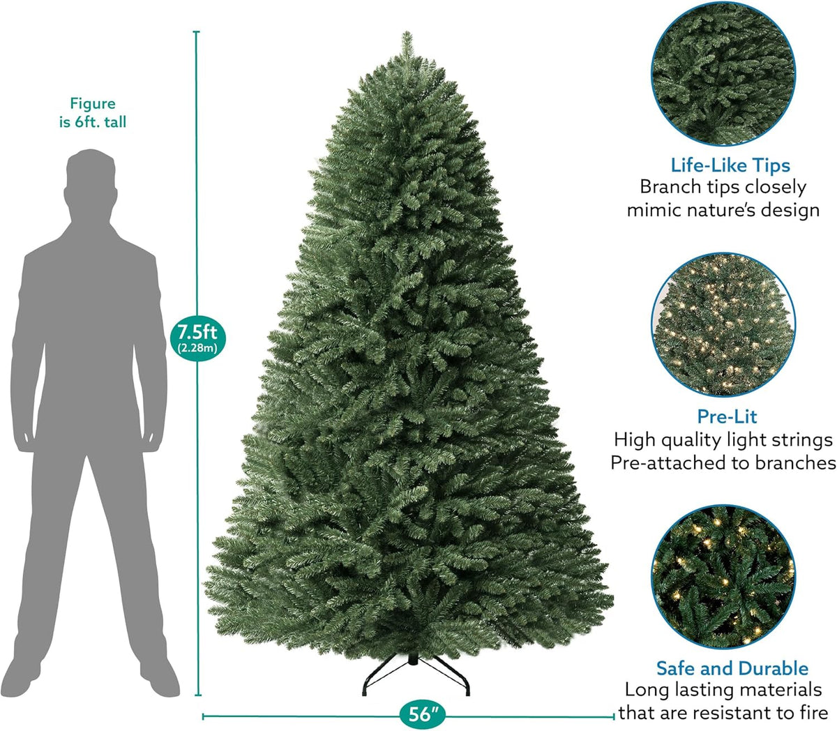 Prague 7.5ft Prelit Artificial Christmas Tree with Foot Pedal, 1717 Branch Tips, 550 Warm Lights