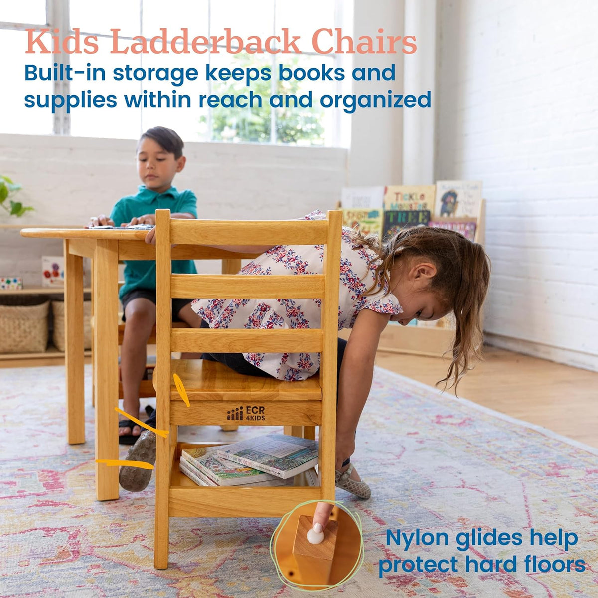 ECR4Kids Three Rung Ladderback Chair with Storage, 12in Seat Height, Classroom Seating, Honey
