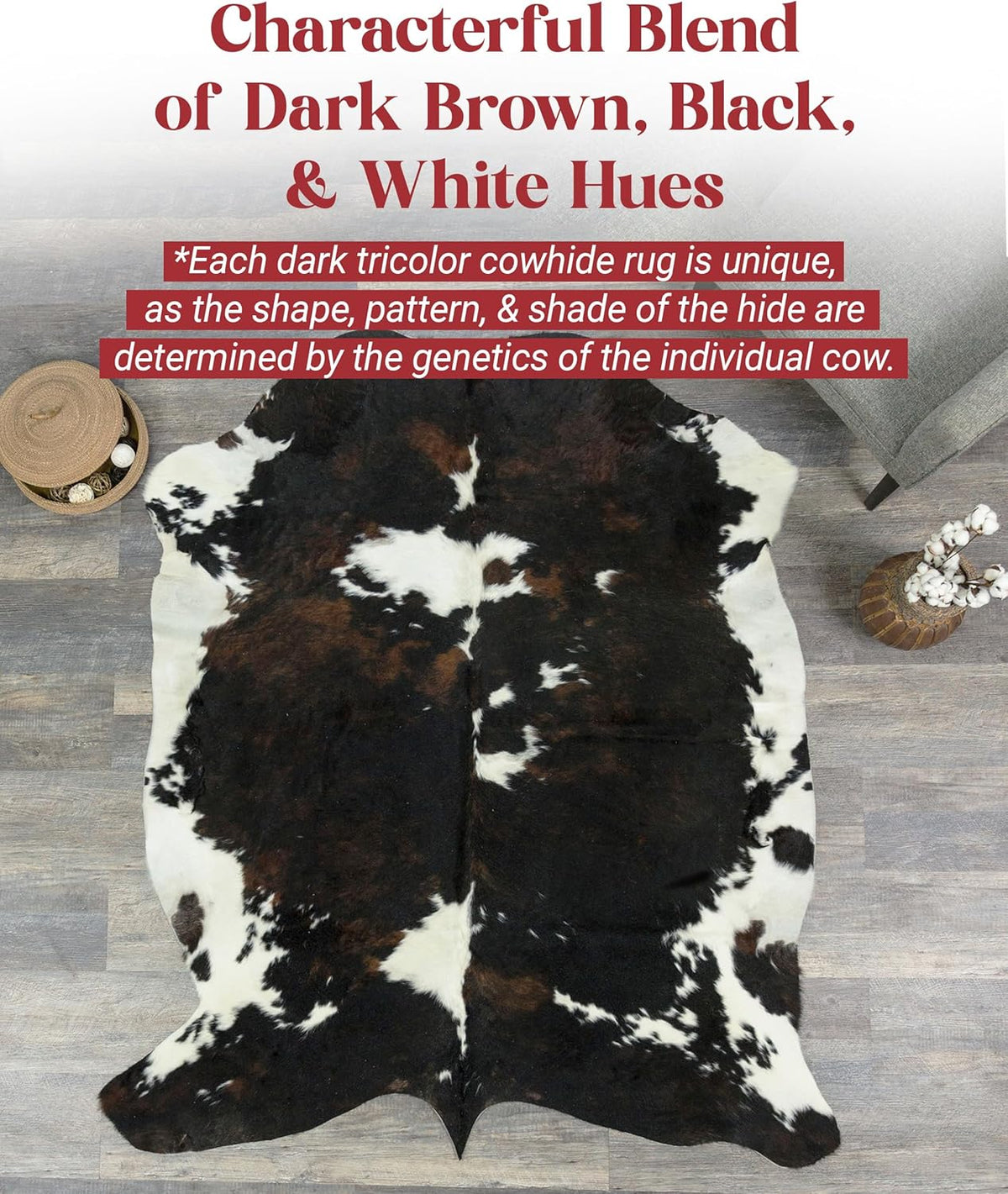 Natural Cowhide Rug for Home & Office Premium Dark Tricolor Cowhide Rug with Unique Dark Brown