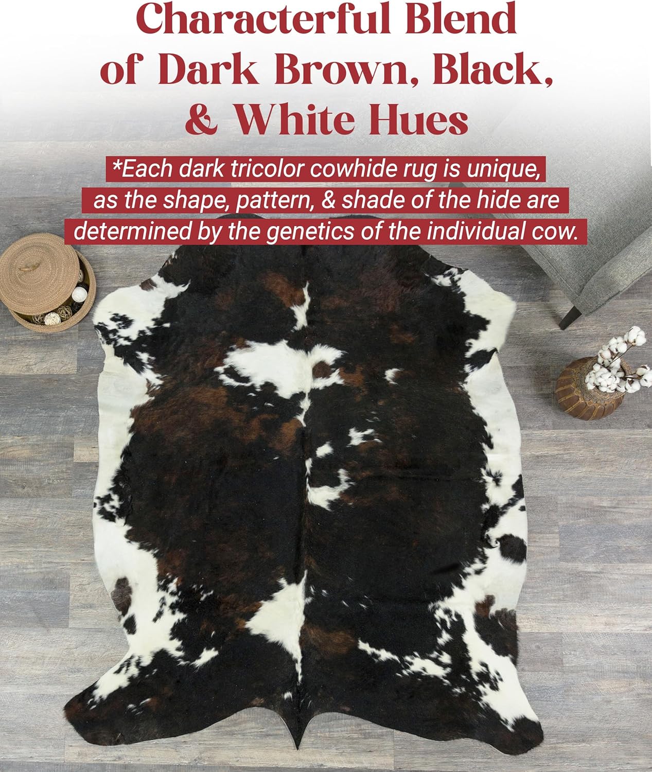 Natural Cowhide Rug for Home & Office Premium Dark Tricolor Cowhide Rug with Unique Dark Brown