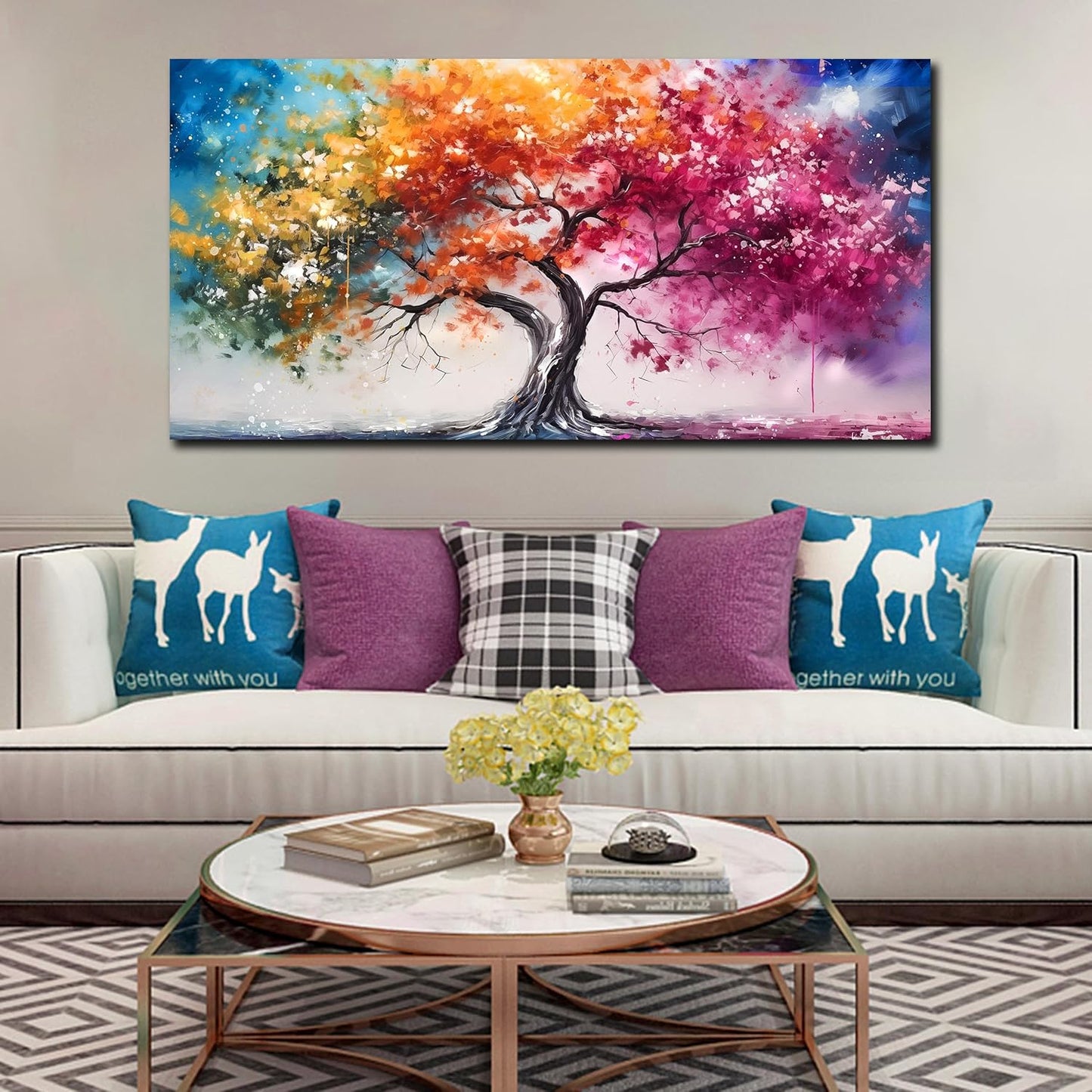 Alsingbago Colorful Tree Canvas Wall Art for Living Room Bedroom Home Office Orange and Pink Tree