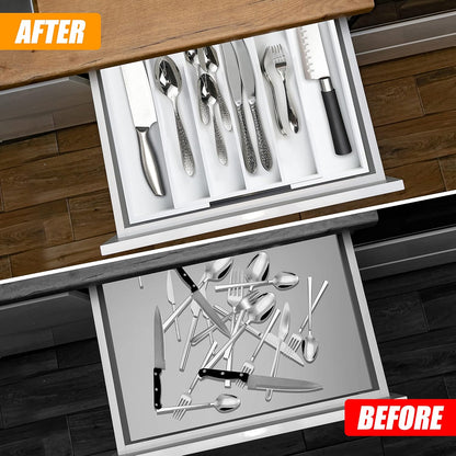 Bellsal White Silverware Organizer Kitchen Drawer Organizer Expandable Bamboo Utensil Holder