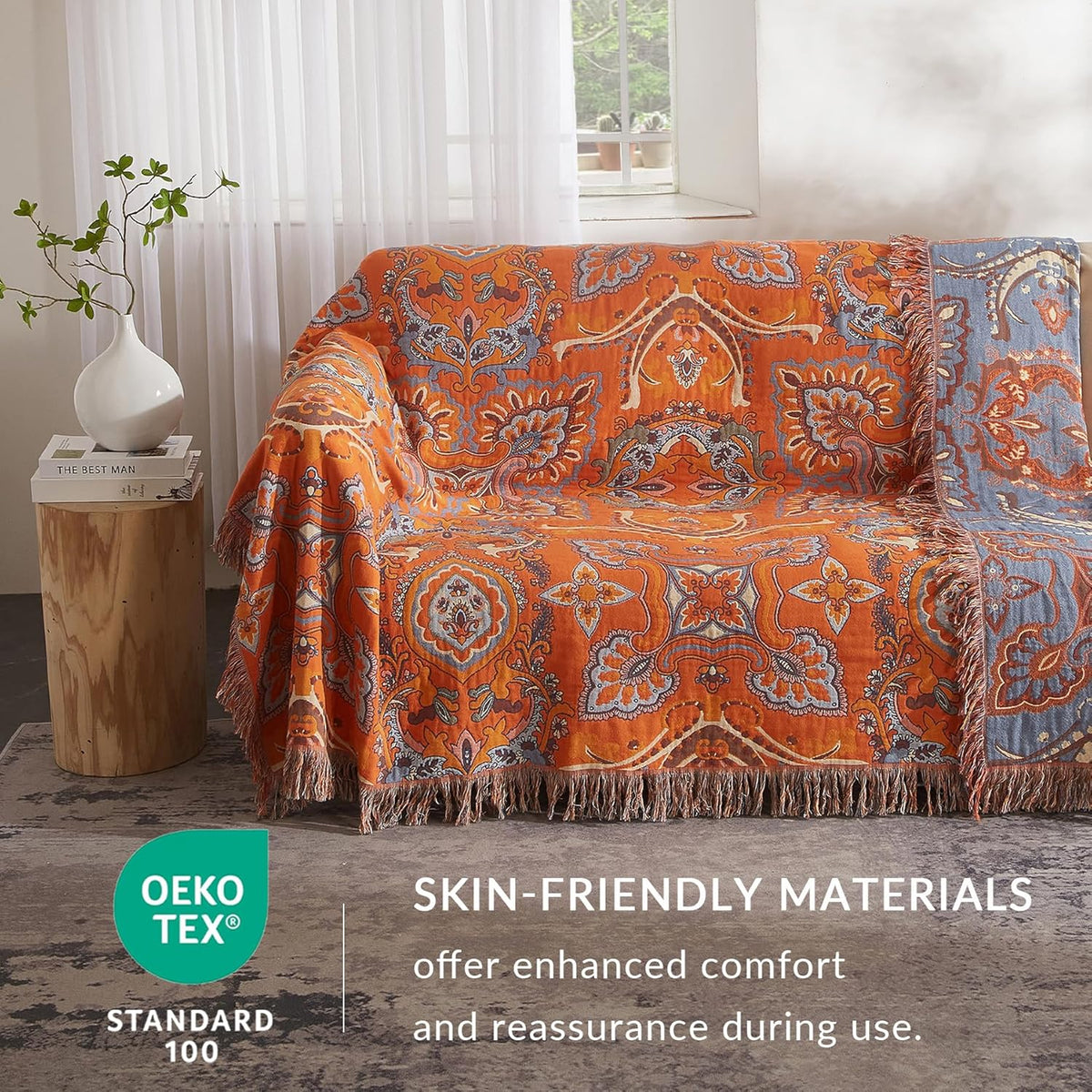 Boho Throw Blanket for Couch Sofa Bed, 100% Cotton Woven Quilt with Tassel 80”x90”, Super Soft