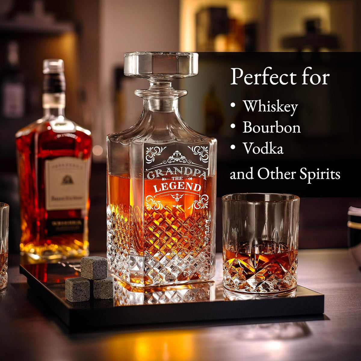 Luxury Gift For Men - Grandpa The Legend - Unique Engraved Whiskey Decanter Set For Beloved Grand