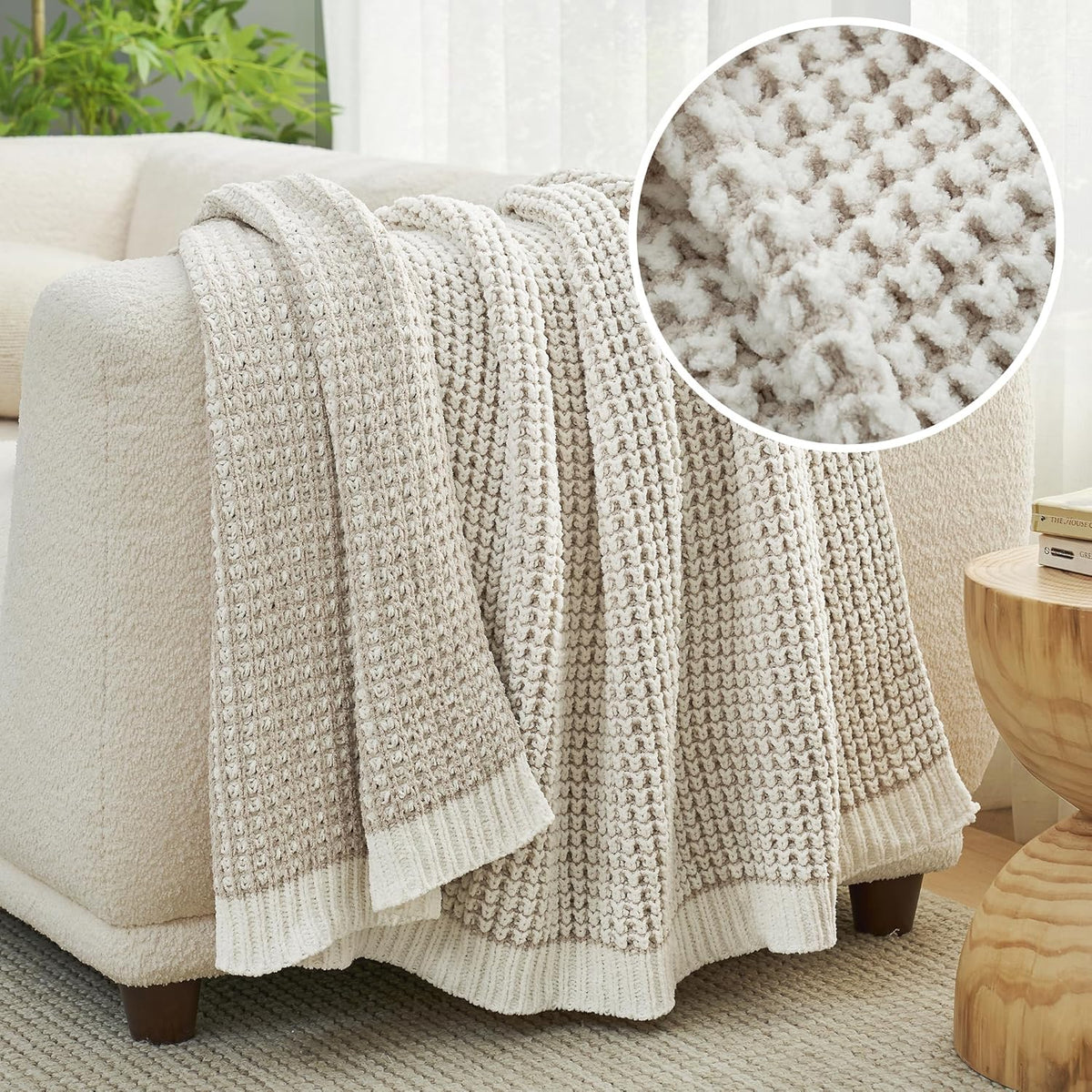 Amélie Home Chenille Waffle Throw Blanket for Couch, Reversible Pineapple Stitch Knit Soft Cozy