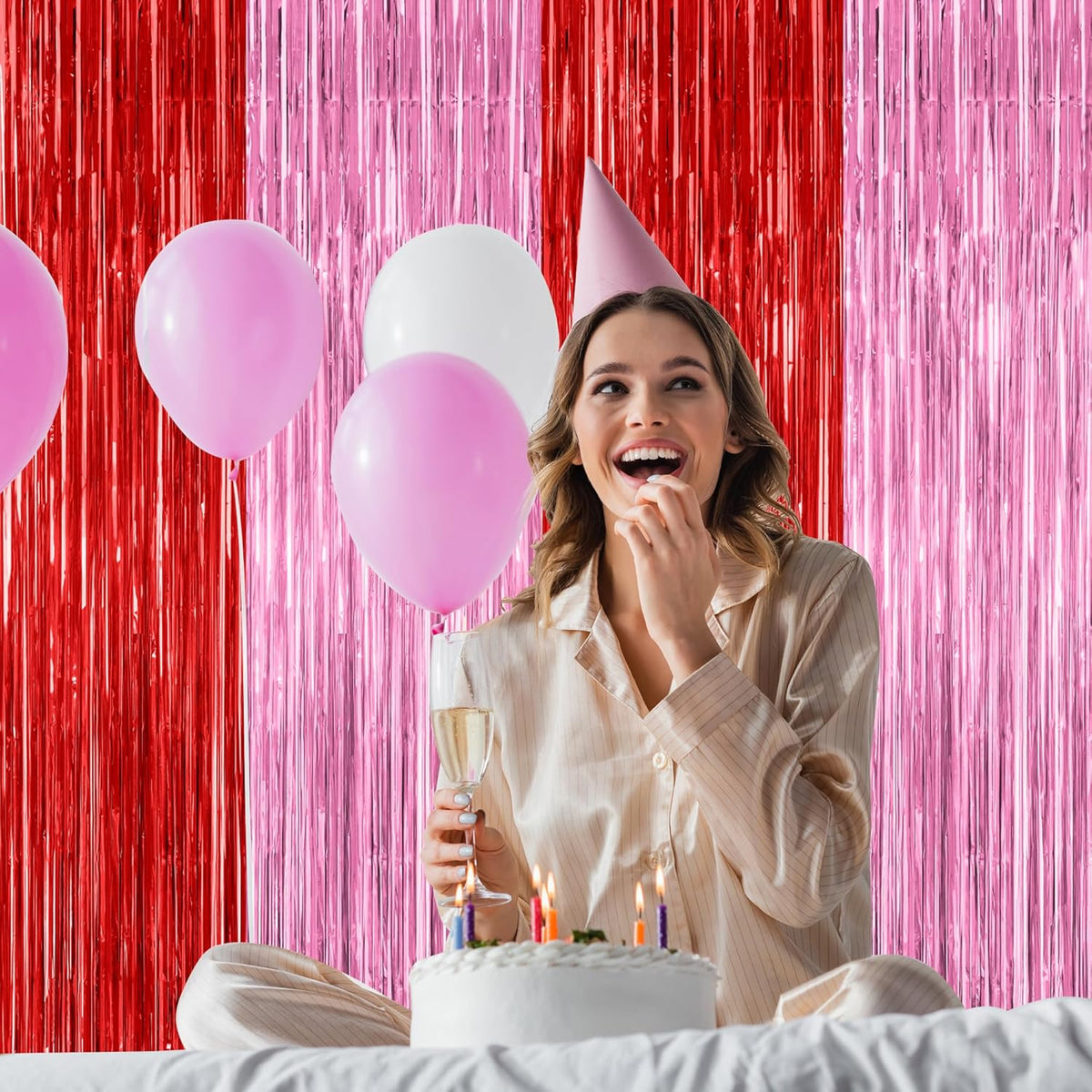 2 Pack Backdrop Curtains, 3.28 Feet x 7.05 Feet Red Pink Backdrop, Metallic Fringe Curtains Tinsel