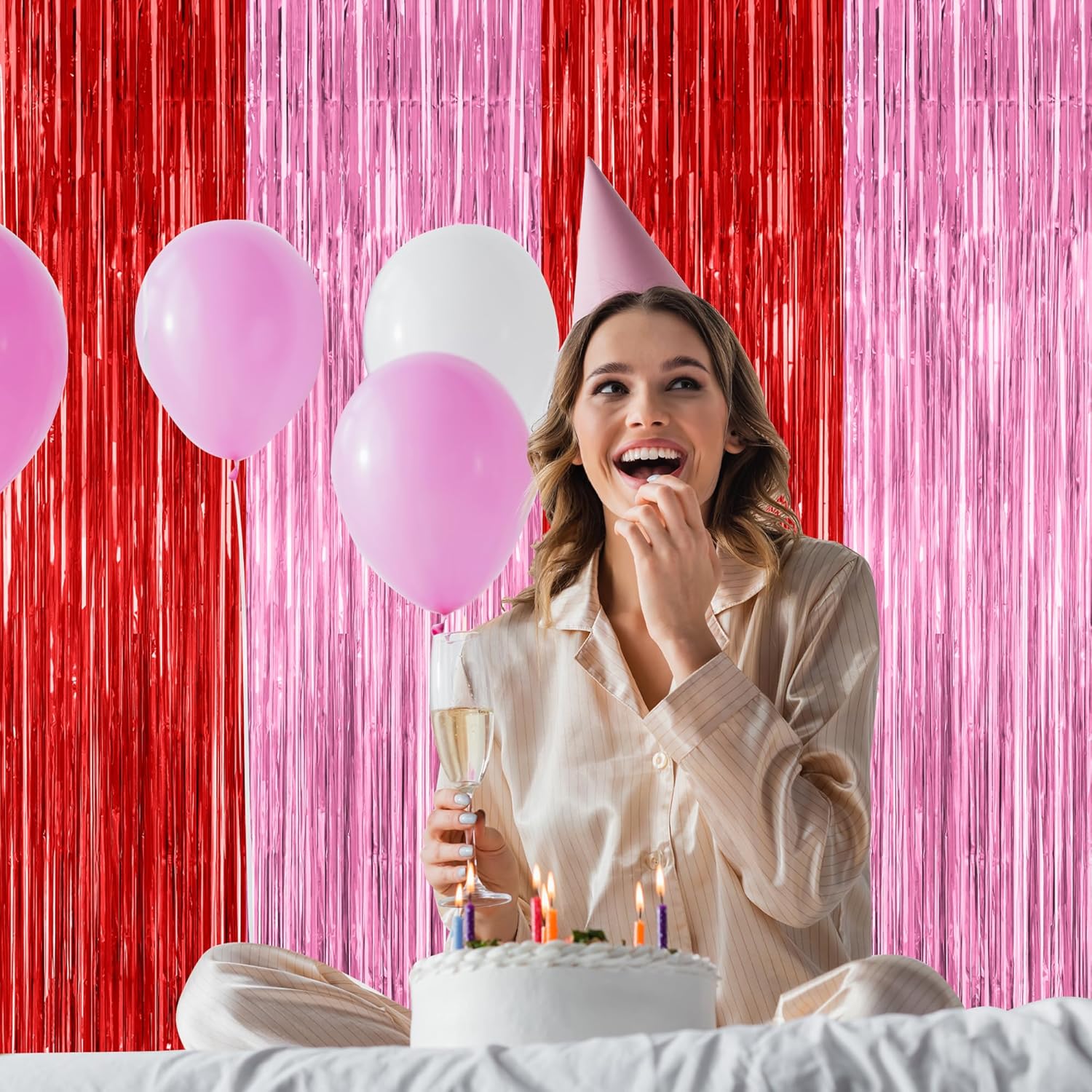 2 Pack Backdrop Curtains, 3.28 Feet x 7.05 Feet Red Pink Backdrop, Metallic Fringe Curtains Tinsel