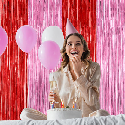 2 Pack Backdrop Curtains, 3.28 Feet x 7.05 Feet Red Pink Backdrop, Metallic Fringe Curtains Tinsel