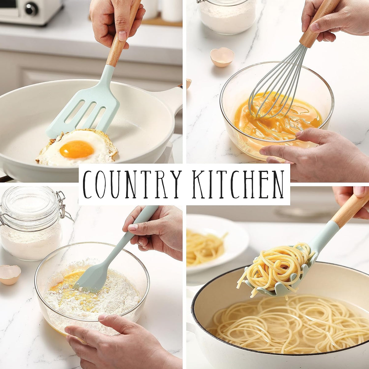 Country Kitchen Non Stick Silicone Utensil Set with Rounded Wood Handles for Cooking and Baking, 14