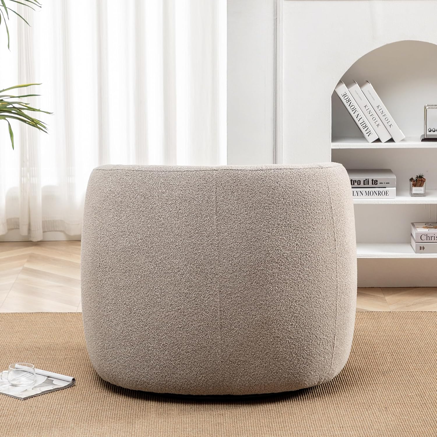 KINWELL 34" Wide Boucle Swivel Barrel Chair, No Assembly Round Upholstered Armchair Accent Chair