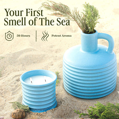 Scented Luxury Candles in Handmade Ceramic Jars, Soy Wax | Day On The Sea – Cypress & Cedar, Large