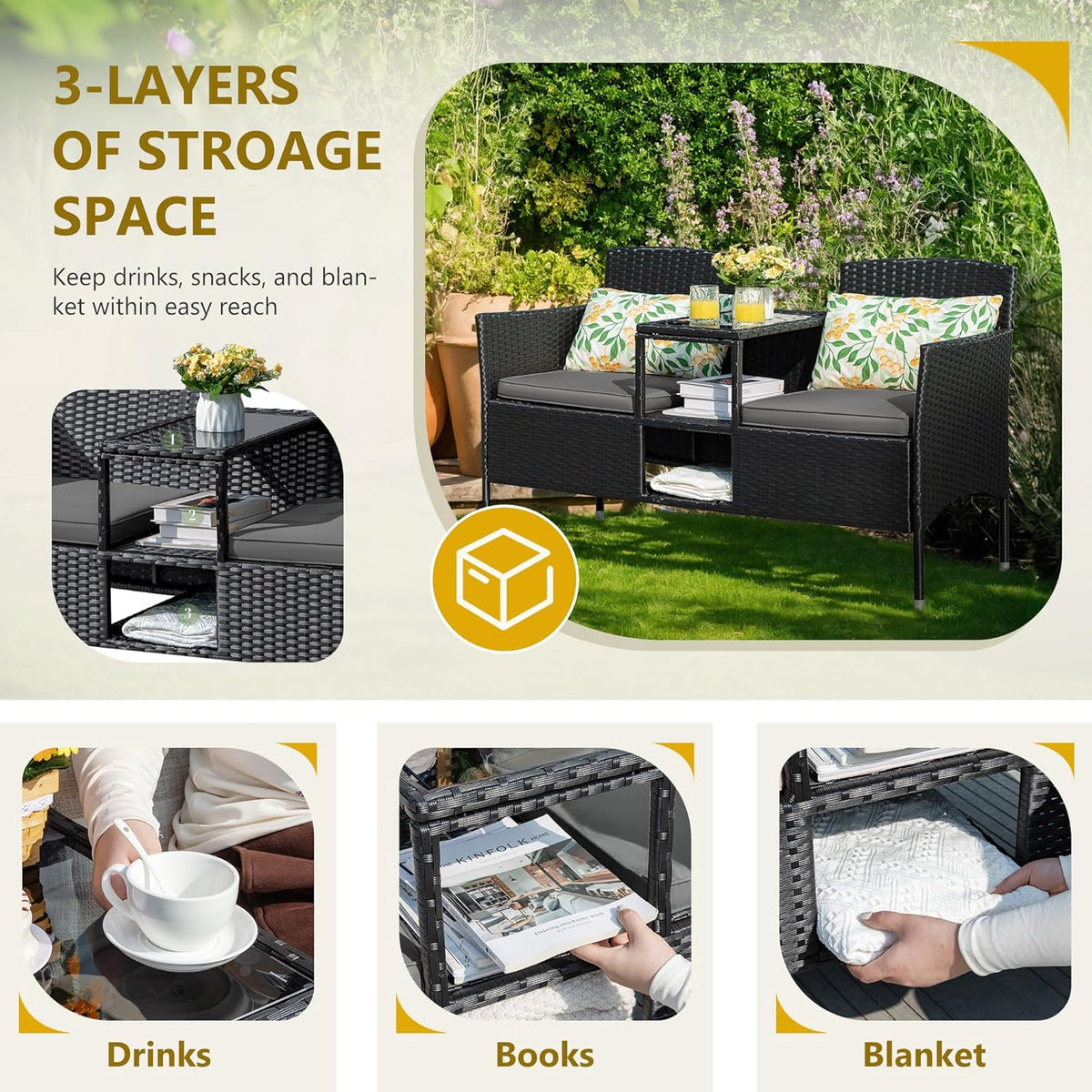 Flamaker Outdoor Furniture Patio Loveseat Wicker 2-Seat with Built-in Table and Cushions Rattan