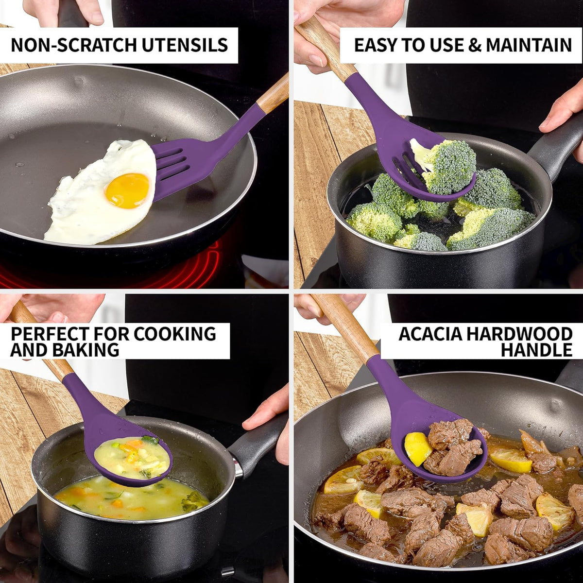 Zulay Kitchen Non-Stick Cooking Utensils Set with Authentic Acacia Wood Handles – 5-Piece Durable &