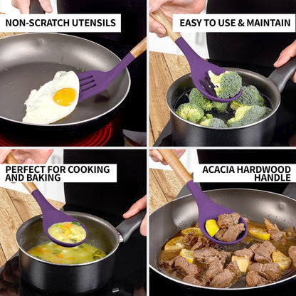 Zulay Kitchen Non-Stick Cooking Utensils Set with Authentic Acacia Wood Handles – 5-Piece Durable &