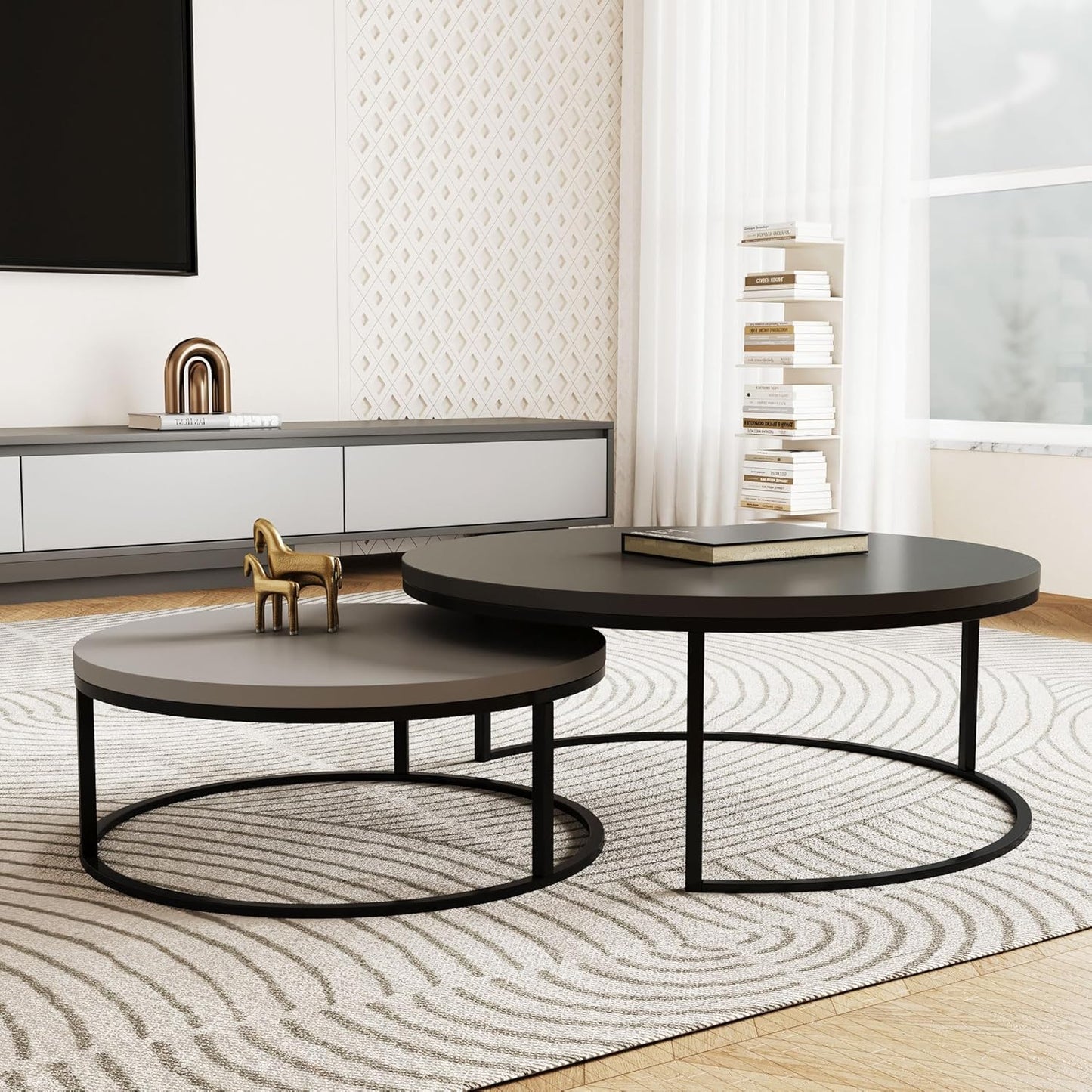 Modern Round Coffee Table Set, Nesting Cocktail Tables with Black Metal Legs, Dark Gray/Light Gray