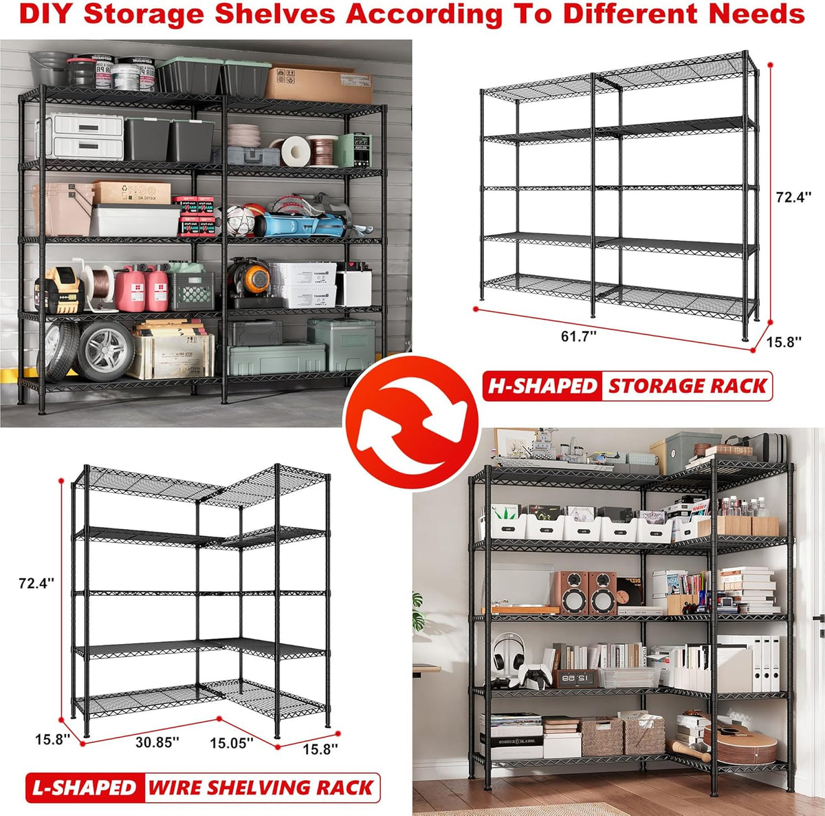 REIBII 5-Tier Heavy Duty Metal Wire Shelves, Industrial Style, 61.7"W x 72.4"H x 15.8"D, 1500 LBS