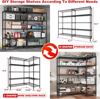 REIBII 5-Tier Heavy Duty Metal Wire Shelves, Industrial Style, 61.7"W x 72.4"H x 15.8"D, 1500 LBS
