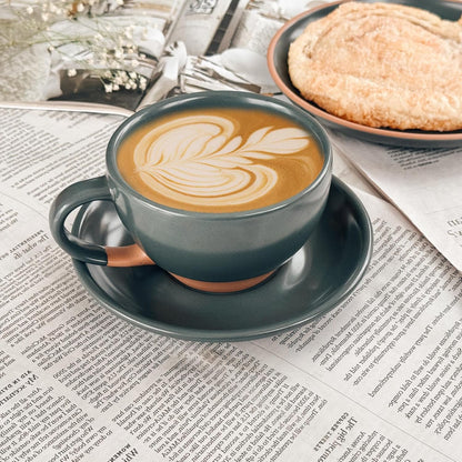 Mora Ceramic Latte Art Mug With Saucer - 10.5 oz, Round Bottom For Perfect Pours - Cafe Cups for
