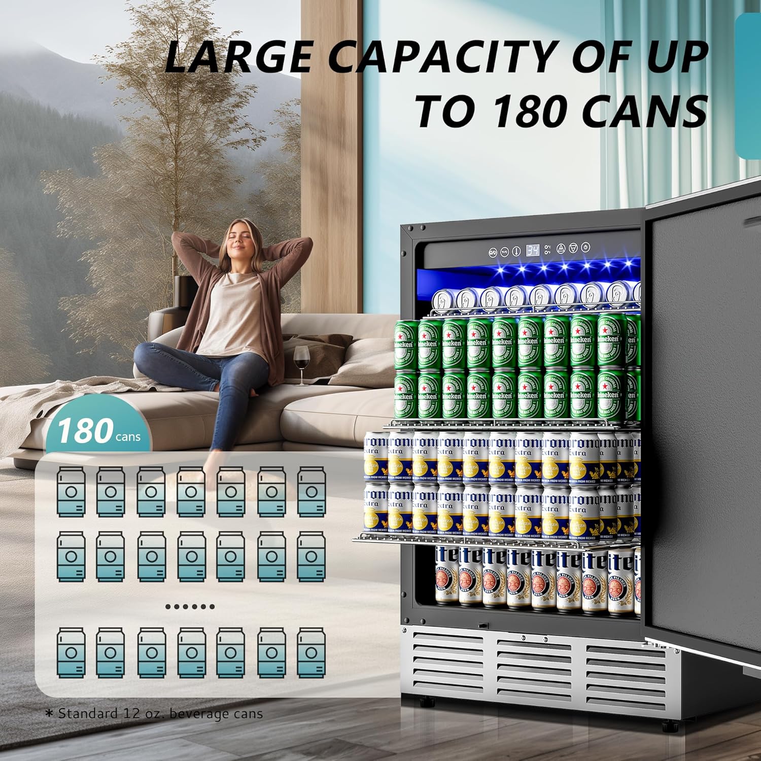 EUHOMY 24 Inch Beverage Refrigerator, Built-in and Freestanding Beverage Cooler 180 Can, Under