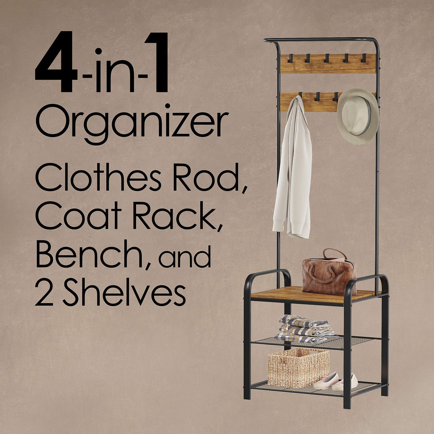 Lavish Home Entryway Bench with Coat Rack - Metal Hall Tree with Seat, Hooks, and Shoe Storage