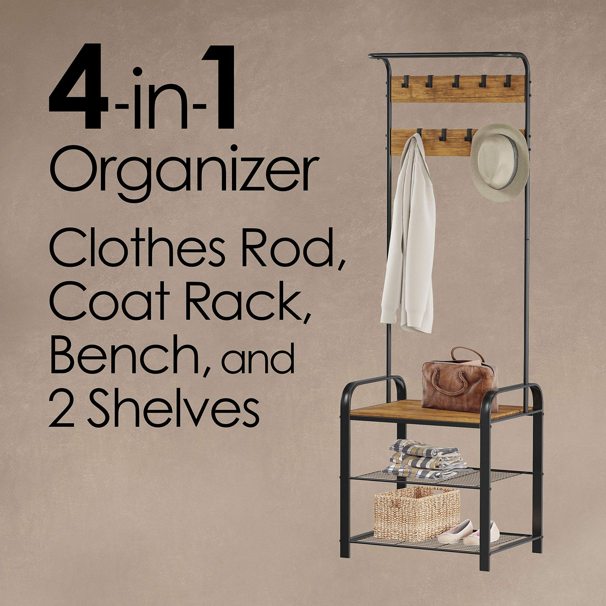 Lavish Home Entryway Bench with Coat Rack - Metal Hall Tree with Seat, Hooks, and Shoe Storage