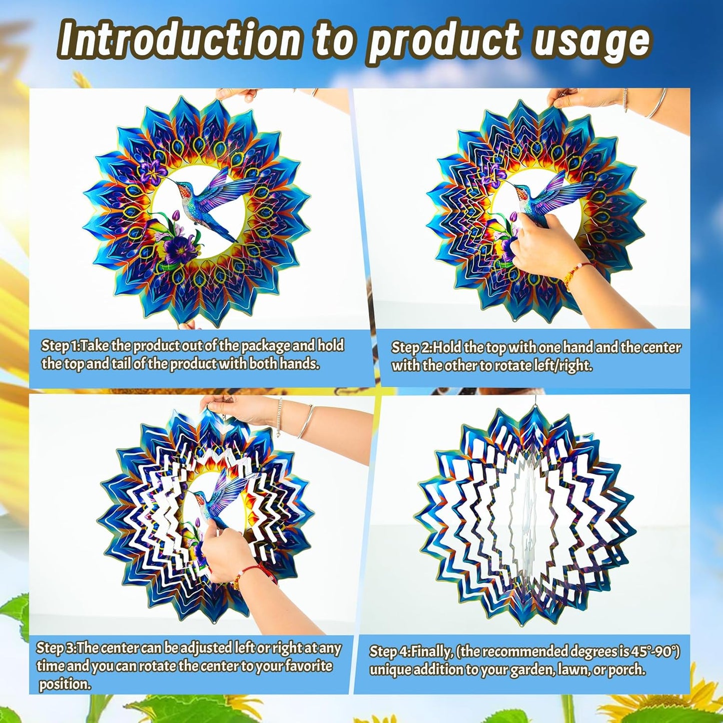 Hummingbird Wind Spinner,Hanging Wind Spinners Outdoor for Garden Decoration，15.7 inch 3D Stainless