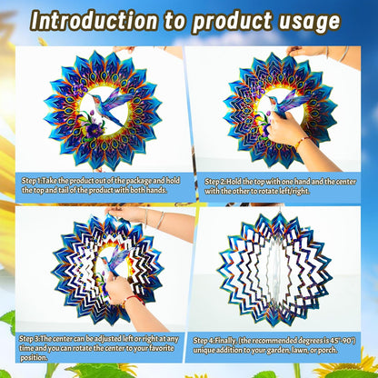Hummingbird Wind Spinner,Hanging Wind Spinners Outdoor for Garden Decoration，15.7 inch 3D Stainless