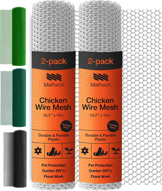 MaPorch Plastic Wire Mesh Fence - 2-Pack White 15.7 in x 10 ft - Durable Weather-Resistant Garden