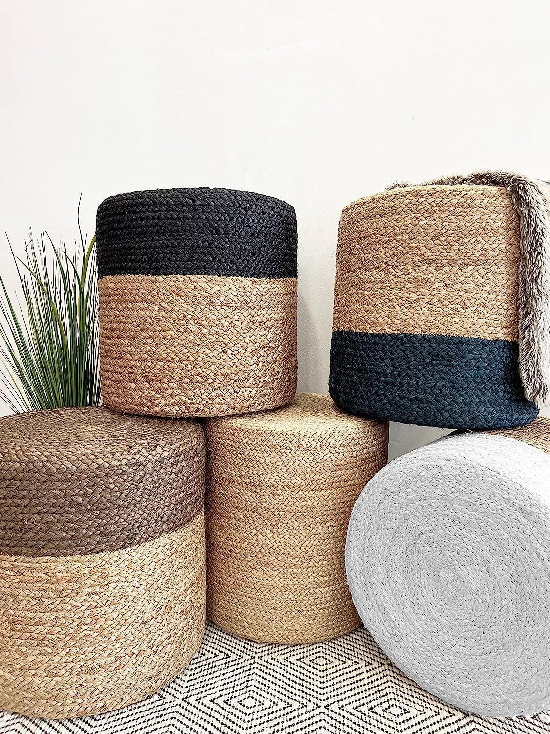 Jute Pouf Ottoman | Footrest Pouf | Hand Braided - Round Boho Pouffe - for Living Room, Bedroom