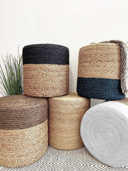Jute Pouf Ottoman | Footrest Pouf | Hand Braided - Round Boho Pouffe - for Living Room, Bedroom