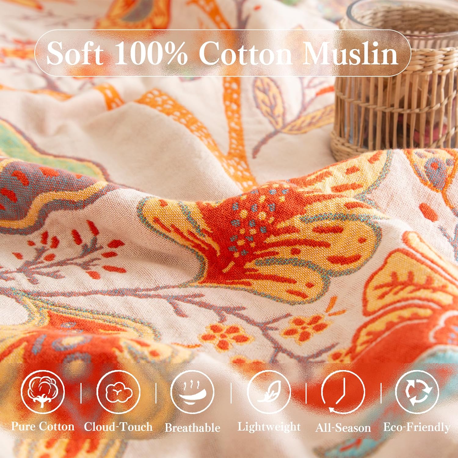 Boho Throw Blanket Queen Size, Soft Cozy Cotton Muslin Quilt Blanket for Bed Decor, Floral