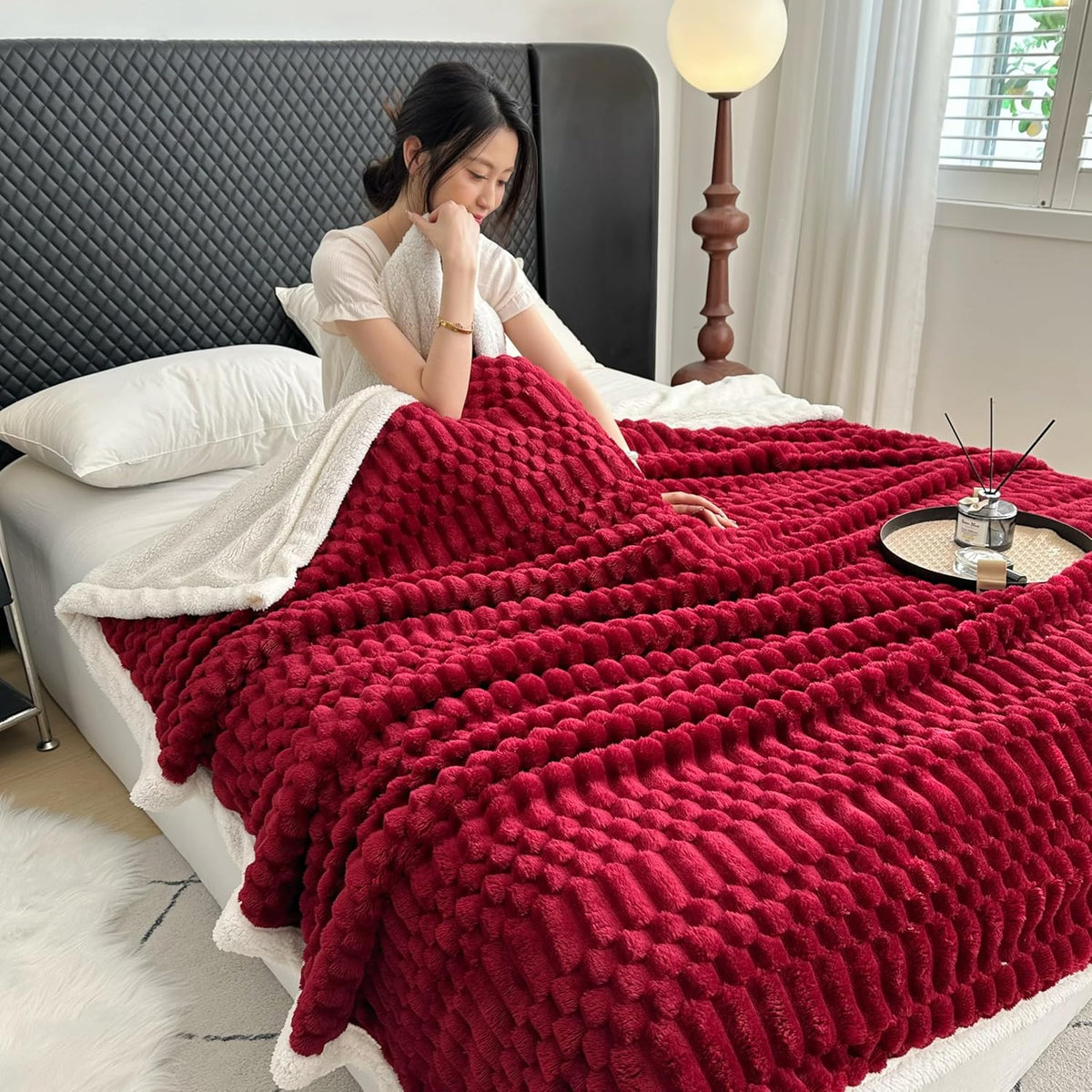 UKELER Sherpa Bed Blanket 80 × 90 inch, Ultra Soft Queen Size Throw Blanket for All Season, 470 GSM