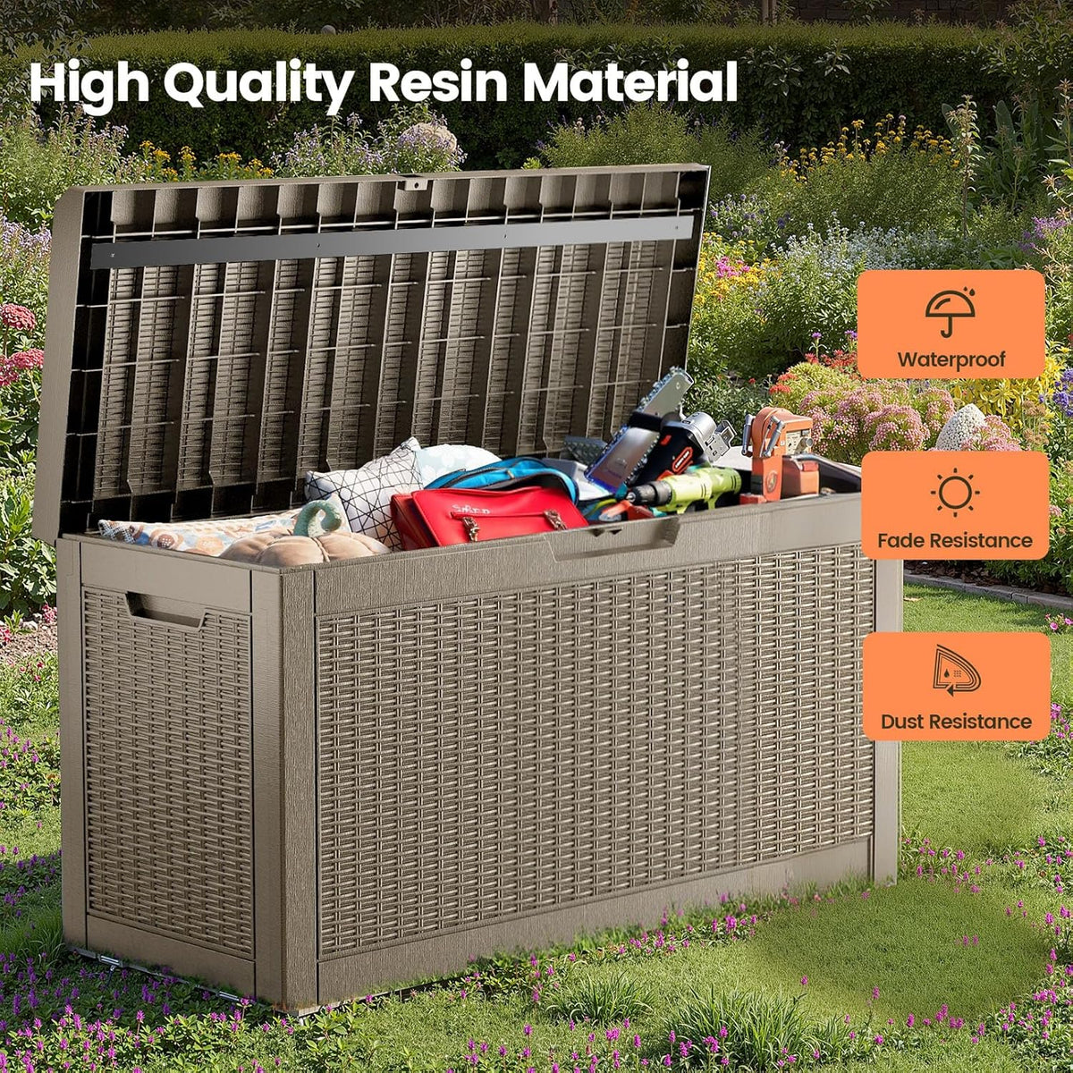 60 Gallon Outdoor Storage Box - Waterproof Resin Rattan Deck Bin for Indoor & Outdoor Use