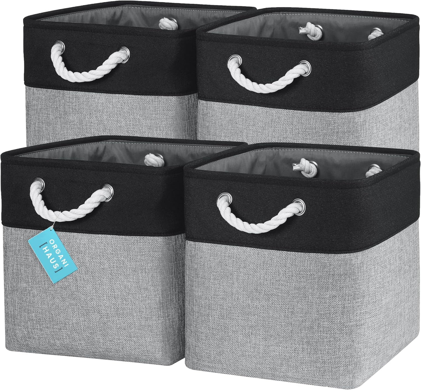OrganiHaus 12x12 Cube Storage Bins 4 Pack, Foldable Cube Storage Organizer w/ Rope Handles