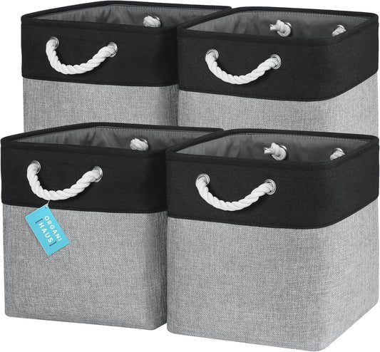 OrganiHaus 12x12 Cube Storage Bins 4 Pack, Foldable Cube Storage Organizer w/ Rope Handles