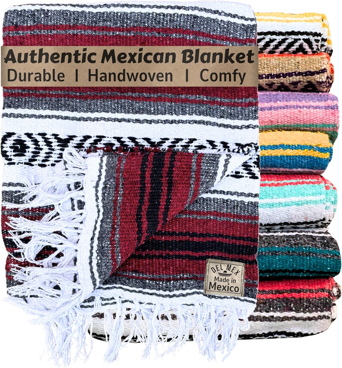 Del Mex Classic Mexican Blanket, Large Authentic Woven Falsa Throw (70"x50"), Artisan Southwest