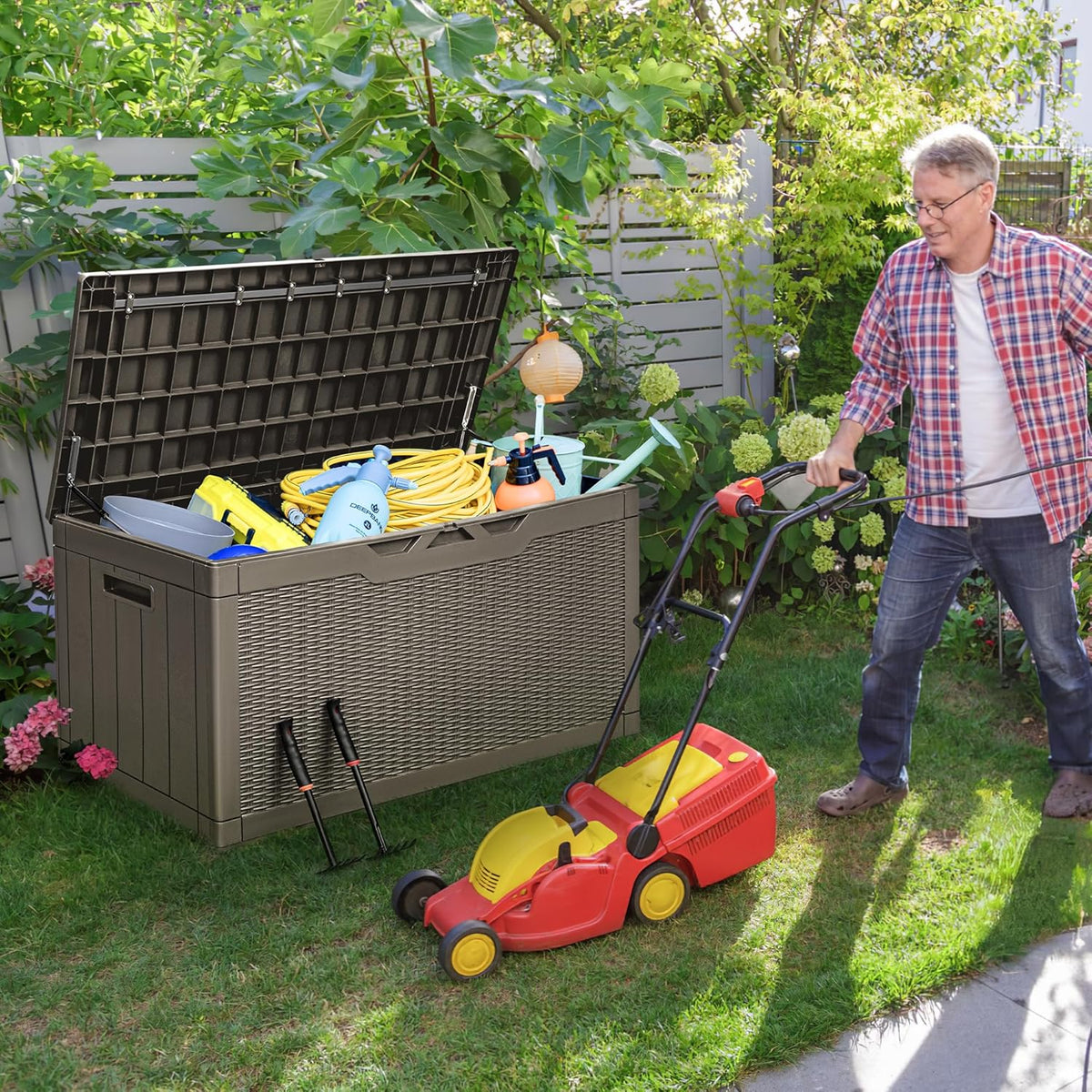Greesum 100 Gallon Resin Deck Box Large Outdoor Storage with Cushions for Patio Furniture, Garden