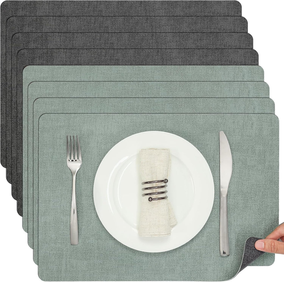 Myir JUN Dual Sided Faux Leather Placemats Set of 8 for Indoor Outdoor Dining Tables, Square