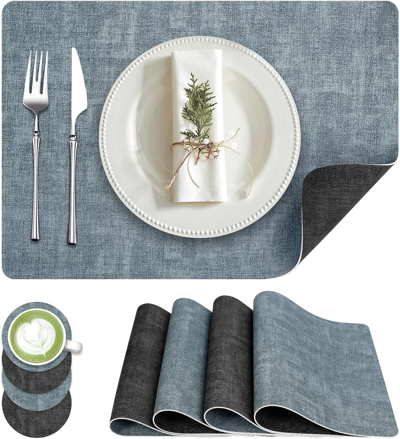 Faux Leather Dual Sided Placemats Set of 4, Square Non-Slip Heat Resistant Placemats with Coaster